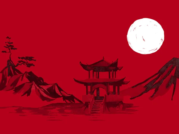 Japan traditional sumi-e painting. Watercolor and ink illustration in style sumi-e, u-sin. Fuji mountain, sakura, sunset. Japan sun. Indian ink illustration. Japanese picture, red background.