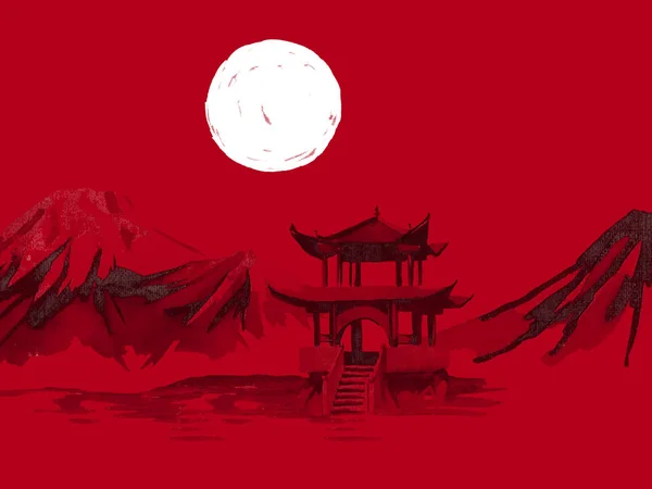 Japan traditional sumi-e painting. Watercolor and ink illustration in style sumi-e, u-sin. Fuji mountain, sakura, sunset. Japan sun. Indian ink illustration. Japanese picture, red background.