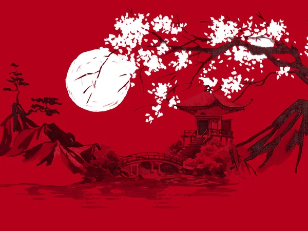 Japan traditional sumi-e painting. Watercolor and ink illustration in style sumi-e, u-sin. Fuji mountain, sakura, sunset. Japan sun. Indian ink illustration. Japanese picture, red background.