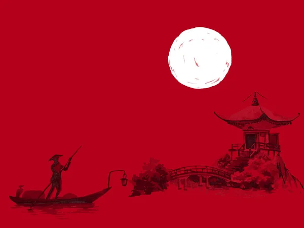 Japón tradicional sumi-e pintura. Acuarela e ilustración de tinta en estilo sumi-e, u-sin. Montaña Fuji, sakura, puesta de sol. Japón sol. Ilustración de tinta india. Imagen japonesa, fondo rojo . — Foto de Stock
