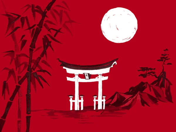 Japon peinture sumi-e traditionnelle. Aquarelle et illustration à l'encre dans le style sumi-e, u-sin. Montagne Fuji, sakura, coucher de soleil. Japon soleil. Illustration encre de Chine. Photo japonaise, fond rouge . — Photo