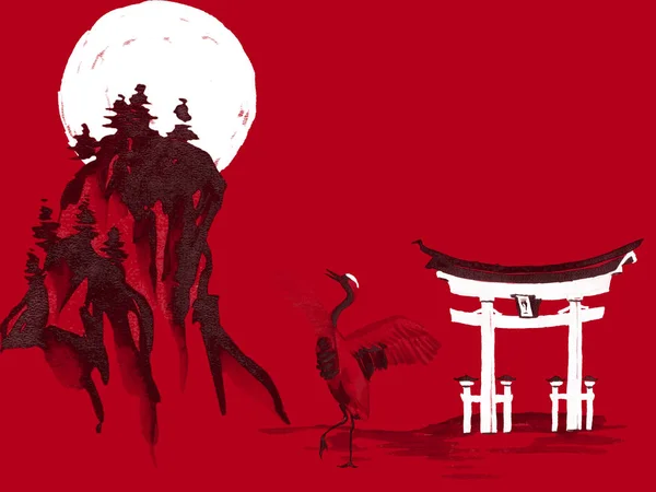 Japón tradicional sumi-e pintura. Acuarela e ilustración de tinta en estilo sumi-e, u-sin. Montaña Fuji, sakura, puesta de sol. Japón sol. Ilustración de tinta india. Imagen japonesa, fondo rojo . — Foto de Stock