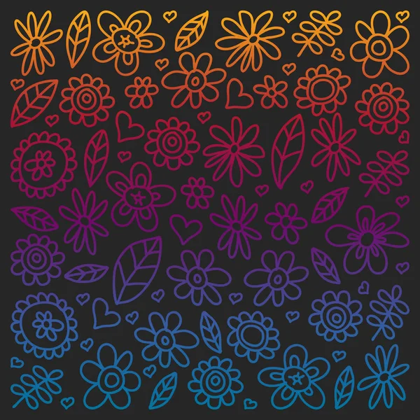 Conjunto vectorial de iconos de flores de dibujo infantil en estilo garabato. Cuadros pintados, coloridos, degradados en un pedazo de papel en pizarra . — Archivo Imágenes Vectoriales