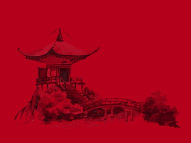 Japonya geleneksel sumi-e boyama. Suluboya ve mürekkep çizim stili sumi-e, u-sin. Fuji Dağı, sakura, günbatımı. Japonya güneş. Hint mürekkebi çizimde. Japon resim, kırmızı arka plan.