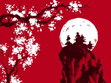 Japonya geleneksel sumi-e boyama. Suluboya ve mürekkep çizim stili sumi-e, u-sin. Fuji Dağı, sakura, günbatımı. Japonya güneş. Hint mürekkebi çizimde. Japon resim, kırmızı arka plan.