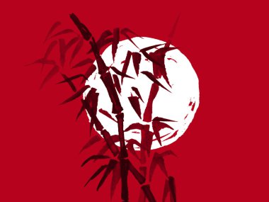 Japonya geleneksel sumi-e boyama. Suluboya ve mürekkep çizim stili sumi-e, u-sin. Fuji Dağı, sakura, günbatımı. Japonya güneş. Hint mürekkebi çizimde. Japon resim, kırmızı arka plan.