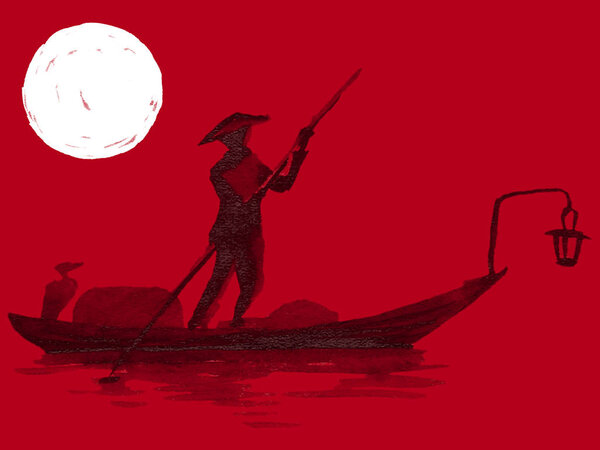 Japan traditional sumi-e painting. Watercolor and ink illustration in style sumi-e, u-sin. Fuji mountain, sakura, sunset. Japan sun. Indian ink illustration. Japanese picture, red background.