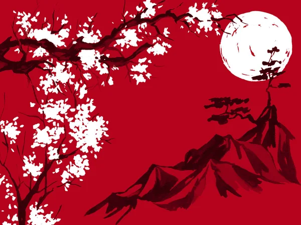 Japonya geleneksel sumi-e boyama. Suluboya ve mürekkep çizim stili sumi-e, u-sin. Fuji Dağı, sakura, günbatımı. Japonya güneş. Hint mürekkebi çizimde. Japon resim, kırmızı arka plan. — Stok fotoğraf