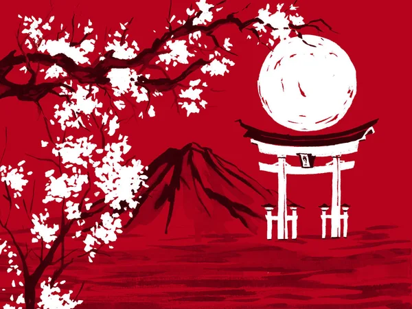Ιαπωνία παραδοσιακά sumi-e ζωγραφική. Νερομπογιές και μελάνι απεικόνιση σε στυλ sumi-e, u-Σιν. Βουνό Φούτζι, sakura, ηλιοβασίλεμα. Ιαπωνία ήλιο. Σινική μελάνη εικονογράφηση. Ιαπωνικά εικόνα, κόκκινο φόντο. — Φωτογραφία Αρχείου