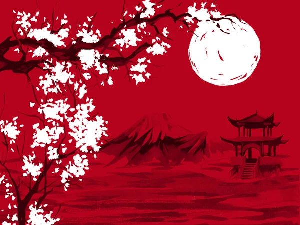 Japón tradicional sumi-e pintura. Acuarela e ilustración de tinta en estilo sumi-e, u-sin. Montaña Fuji, sakura, puesta de sol. Japón sol. Ilustración de tinta india. Imagen japonesa, fondo rojo . —  Fotos de Stock