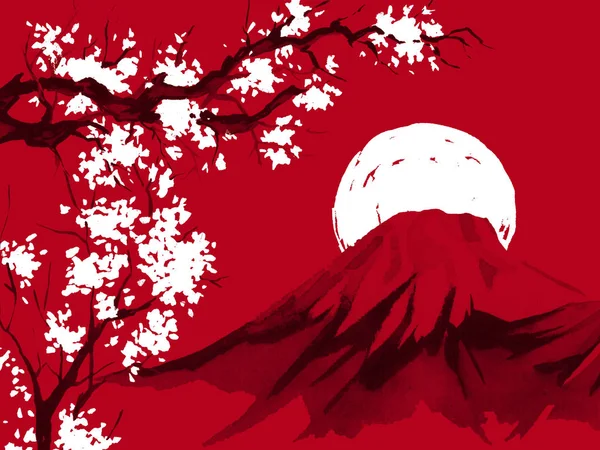 Japón tradicional sumi-e pintura. Acuarela e ilustración de tinta en estilo sumi-e, u-sin. Montaña Fuji, sakura, puesta de sol. Japón sol. Ilustración de tinta india. Imagen japonesa, fondo rojo . — Foto de Stock