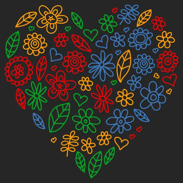 Conjunto vetorial de ícones de flores de desenho infantil no estilo doodle. Quadros pintados, coloridos, gradientes em um pedaço de papel na lousa . — Vetor de Stock