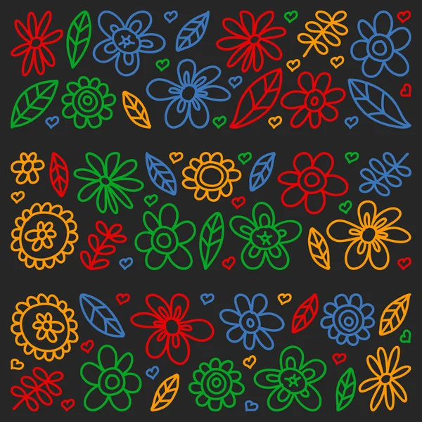 Vektor-Set von Kind, das Blumen-Symbole im Doodle-Stil zeichnet. gemalte, farbenfrohe, im Verlauf verlaufende Bilder auf einem Blatt Papier auf einer Tafel. — Stockvektor