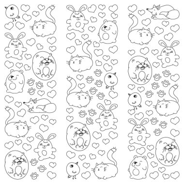 Çocuklar ve tasarım, baskı, kedi, ayı, tilki, kuş, tavşan veya tavşan için vahşi hayvanlar şeklinde güzel yuvarlak simgeleri Vektör seti. Beyaz arka planda resim yazısı olan yuvarlak hayvanlar