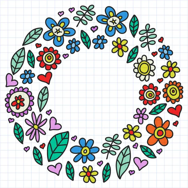 Conjunto vectorial de iconos de flores de dibujo infantil en estilo garabato. Pintado, colorido, en una hoja de papel a cuadros sobre un fondo blanco — Archivo Imágenes Vectoriales