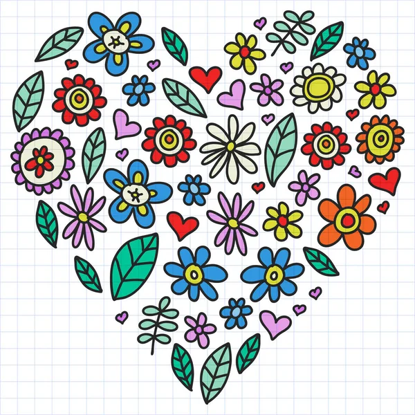 Conjunto vetorial de ícones de flores de desenho infantil no estilo doodle. Pintado, colorido, em uma folha de papel xadrez sobre um fundo branco — Vetor de Stock