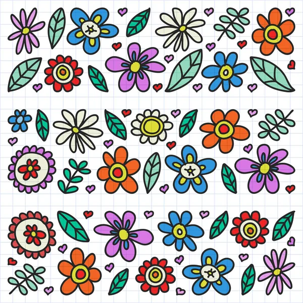 Conjunto vectorial de iconos de flores de dibujo infantil en estilo garabato. Pintado, colorido, en una hoja de papel a cuadros sobre un fondo blanco — Archivo Imágenes Vectoriales