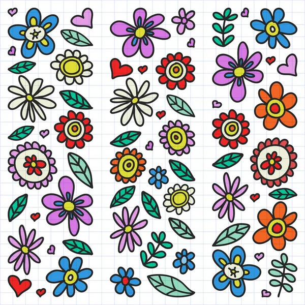 Vector set van kind tekenen van bloemen pictogrammen in doodle stijl. Geschilderd, kleurrijk, op een blad van geruit papier op een witte achtergrond — Stockvector