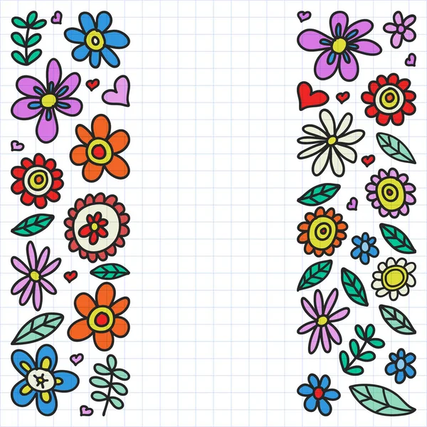 Vector set van kind tekenen van bloemen pictogrammen in doodle stijl. Geschilderd, kleurrijk, op een blad van geruit papier op een witte achtergrond — Stockvector