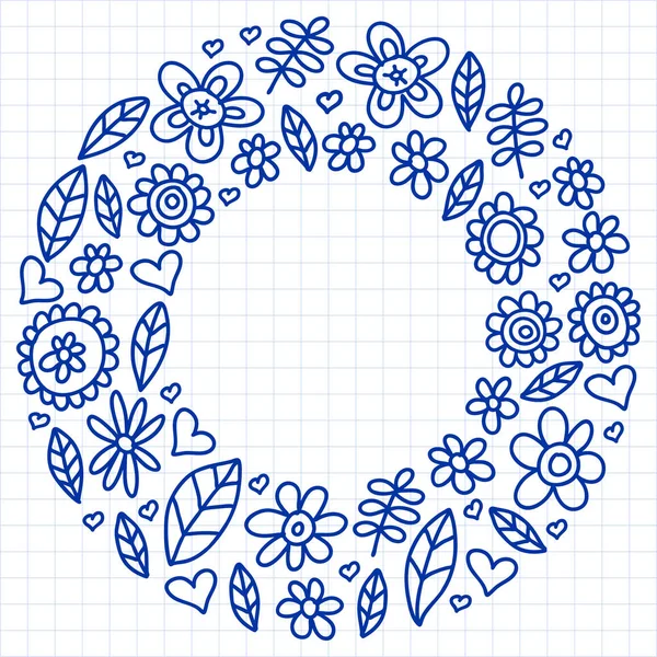 Vector set van kind tekening bloemen iconen in doodle stijl. Geschilderd, getekend met een pen, op een vel geruit papier op een witte achtergrond. — Stockvector
