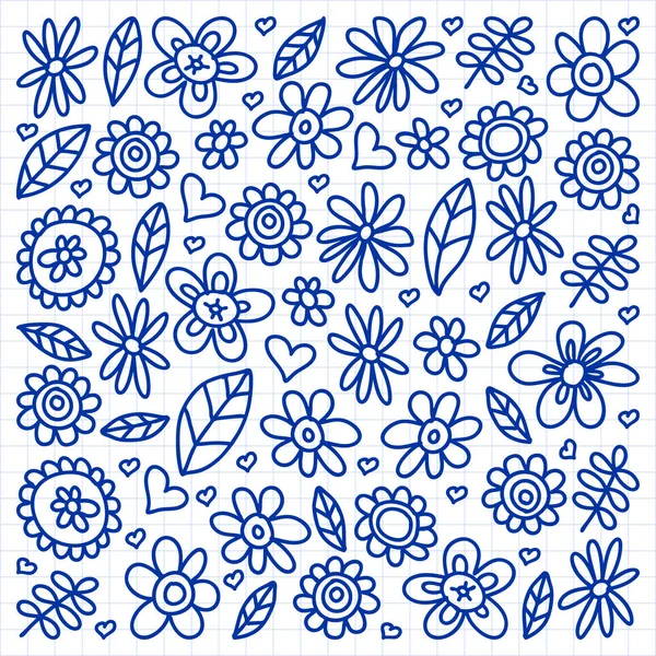 Vector set van kind tekening bloemen iconen in doodle stijl. Geschilderd, getekend met een pen, op een vel geruit papier op een witte achtergrond. — Stockvector