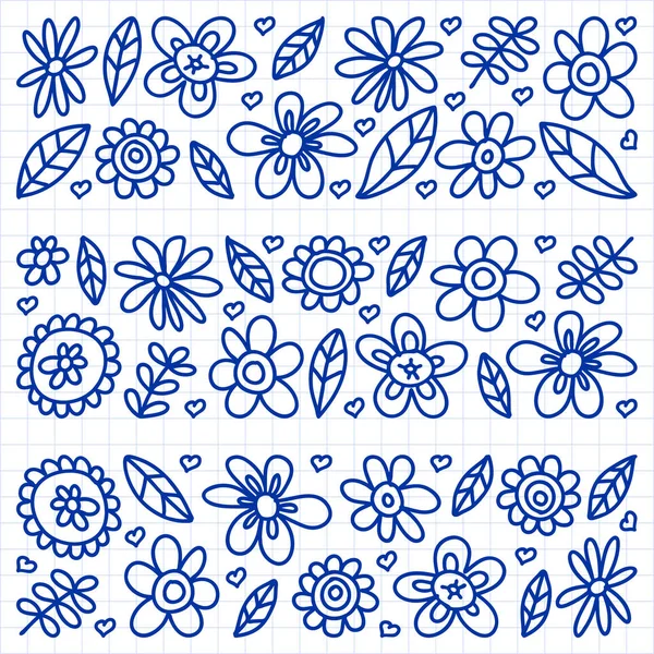 Conjunto vectorial de iconos de flores de dibujo infantil en estilo garabato. Pintado, dibujado con una pluma, sobre una hoja de papel a cuadros sobre un fondo blanco . — Archivo Imágenes Vectoriales