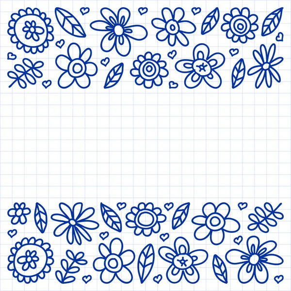 Vektor-Set von Kind, das Blumen-Symbole im Doodle-Stil zeichnet. gemalt, mit Stift gezeichnet, auf einem Blatt kariertem Papier auf weißem Hintergrund. — Stockvektor