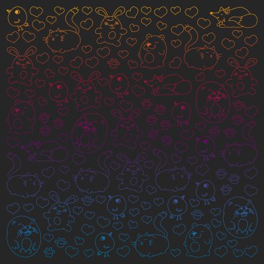 Çocuklar ve tasarım, baskı, kedi, ayı, tilki, kuş, tavşan veya tavşan için vahşi hayvanlar şeklinde güzel yuvarlak simgeleri Vektör seti. Siyah arka plan üzerinde resim yazısı ile yuvarlak hayvanlar