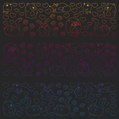 Çocuklar ve tasarım, baskı, kedi, ayı, tilki, kuş, tavşan veya tavşan için vahşi hayvanlar şeklinde güzel yuvarlak simgeleri Vektör seti. Siyah arka plan üzerinde resim yazısı ile yuvarlak hayvanlar