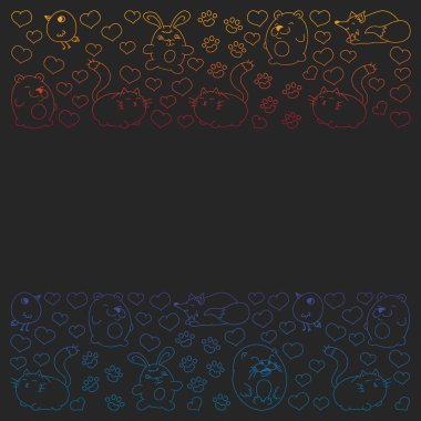 Çocuklar ve tasarım, baskı, kedi, ayı, tilki, kuş, tavşan veya tavşan için vahşi hayvanlar şeklinde güzel yuvarlak simgeleri Vektör seti. Siyah arka plan üzerinde resim yazısı ile yuvarlak hayvanlar