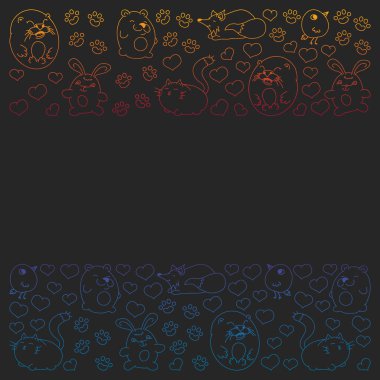 Çocuklar ve tasarım, baskı, kedi, ayı, tilki, kuş, tavşan veya tavşan için vahşi hayvanlar şeklinde güzel yuvarlak simgeleri Vektör seti. Siyah arka plan üzerinde resim yazısı ile yuvarlak hayvanlar