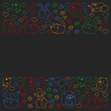 Çocuklar ve tasarım, baskı, kedi, ayı, tilki, kuş, tavşan veya tavşan için vahşi hayvanlar şeklinde güzel yuvarlak simgeleri Vektör seti. Siyah arka plan üzerinde resim yazısı ile yuvarlak hayvanlar