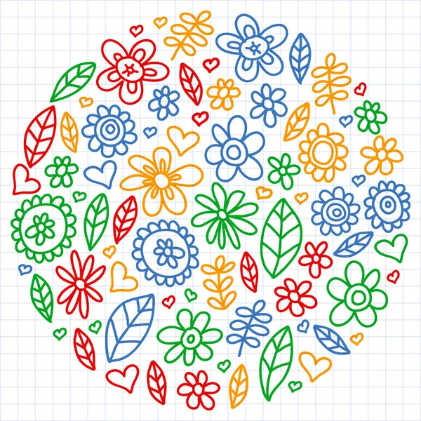 Conjunto vectorial de iconos de flores de dibujo infantil en estilo garabato. Pintado, dibujado con una pluma, sobre una hoja de papel a cuadros sobre un fondo blanco . — Archivo Imágenes Vectoriales