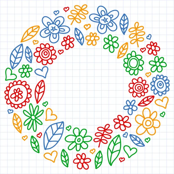 Vector set van kind tekening bloemen iconen in doodle stijl. Geschilderd, getekend met een pen, op een vel geruit papier op een witte achtergrond. — Stockvector