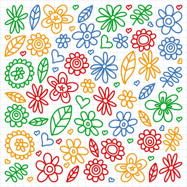 Vector set van kind tekening bloemen iconen in doodle stijl. Geschilderd, getekend met een pen, op een vel geruit papier op een witte achtergrond. — Stockvector