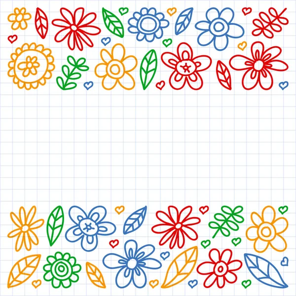 Conjunto vectorial de iconos de flores de dibujo infantil en estilo garabato. Pintado, dibujado con una pluma, sobre una hoja de papel a cuadros sobre un fondo blanco . — Archivo Imágenes Vectoriales