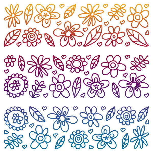 Vector set van kind tekenen van bloemen pictogrammen in doodle stijl. Geschilderd, kleurrijk, gradiënt, op een vel geruit papier op een witte achtergrond. — Stockvector