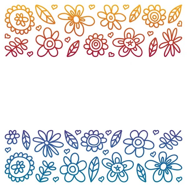 Vector set van kind tekenen van bloemen pictogrammen in doodle stijl. Geschilderd, kleurrijk, gradiënt, op een vel geruit papier op een witte achtergrond. — Stockvector