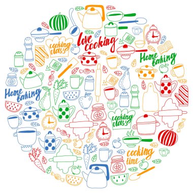 Vektör seti çocuk mutfak ve doodle tarzında pişirme çizimleri simgeleri. Boyalı, renkli, beyaz arka plan üzerinde bir kağıt parçası üzerinde resimler.