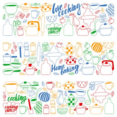 Vektör seti çocuk mutfak ve doodle tarzında pişirme çizimleri simgeleri. Boyalı, renkli, beyaz arka plan üzerinde bir kağıt parçası üzerinde resimler.