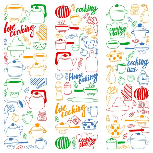 Vector set of childrens kitchen and cooking drawings icons in doodle style. Painted, colorful, pictures on a piece of paper on white background. — Stock Vector