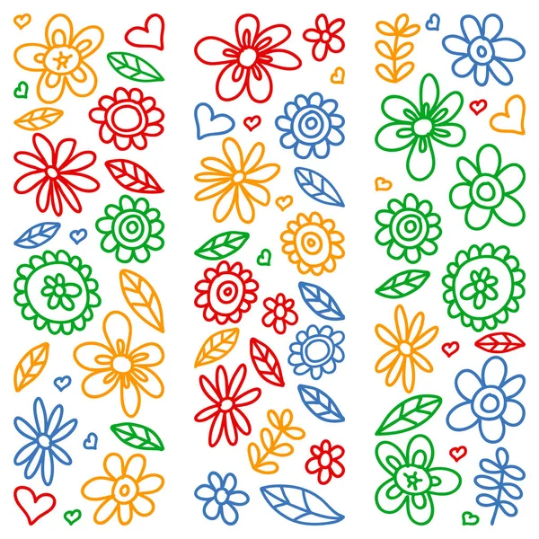 Conjunto vectorial de iconos de flores de dibujo infantil en estilo garabato. Pintado, colorido, imágenes en un pedazo de papel sobre fondo blanco . — Archivo Imágenes Vectoriales