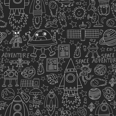 Doodle tarzında uzay öğeleri simgelerinin vektör kümesi. Boyalı, renkli, beyaz arka plan üzerinde bir kağıt parçası üzerinde resimler. Sorun -suz.