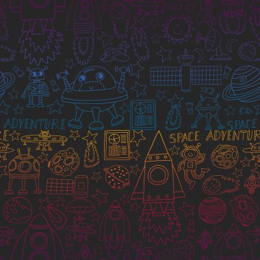 Doodle tarzında uzay öğeleri simgelerinin vektör kümesi. Boyalı, renkli, beyaz arka plan üzerinde bir kağıt parçası üzerinde resimler. Sorun -suz.