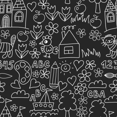 Anaokulu deseni, çizilmiş çocuk bahçe elemanları deseni, karalama çizimi, vektör çizimi, renkli. Sorun -suz.