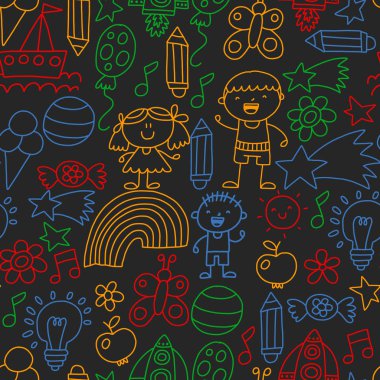 Anaokulu deseni, çizilmiş çocuk bahçe elemanları deseni, karalama çizimi, vektör çizimi, renkli. Sorun -suz.