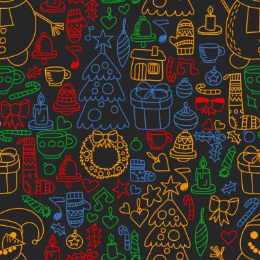 Vektör seti Noel, tatil kış günleri 2019, 2020, vektör illüstrasyon. Yeni yıl deseni, doodle tarzında bir öğretmen simgeleri ile çocuk çizimleri. Boyalı, renkli, pa bir parça üzerinde resimler