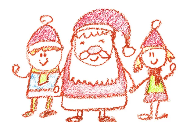 Przedszkole nauczyciel kreskówka ręką narysowane, zimą z sezonów bałwana na białym na białym tle, santa claus, dziewczynka, chłopiec. — Zdjęcie stockowe