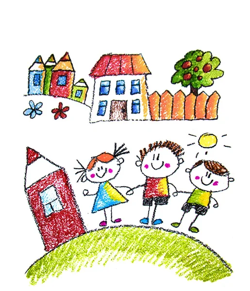 Child's painting on paper. Kids drawing image. Little children, boys and girls. School, kindergarten illustration. Play and grow. Teacher with students. — Stock Photo, Image