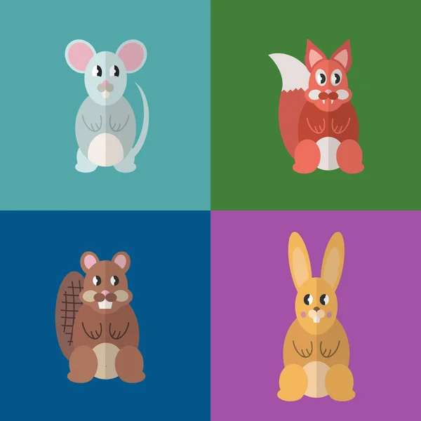 Flat design style, beaver, mouse, fox, rabbit. Vector illustration.
